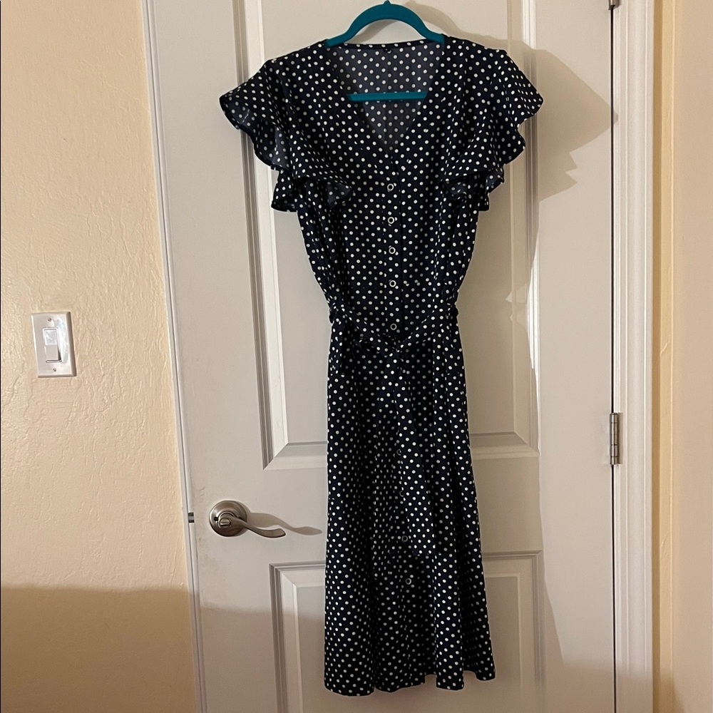 Elegant Black Polka Dot Midi Dress with Ruffle Sleeves